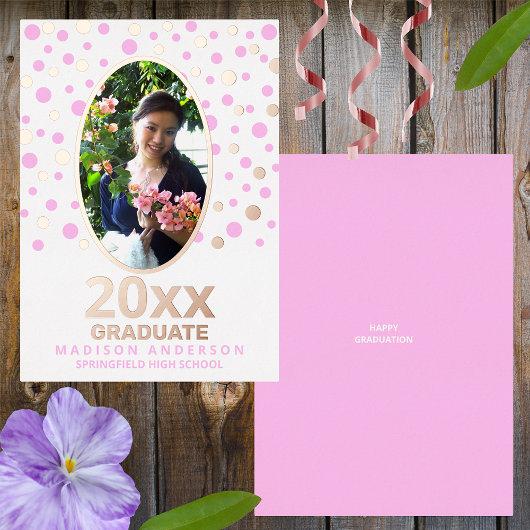 Graduate Polka Dot Oval Photo Pink Rose Gold Foil Invitation