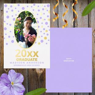 Graduate Polka Dot Oval Photo Purple Gold Foil Invitation
