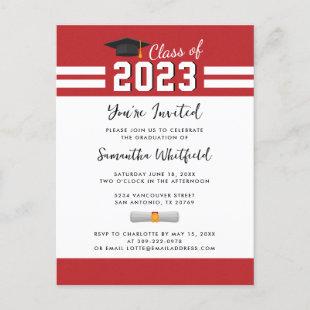 Graduate Red White Script Graduation 2023 Invitation Postcard