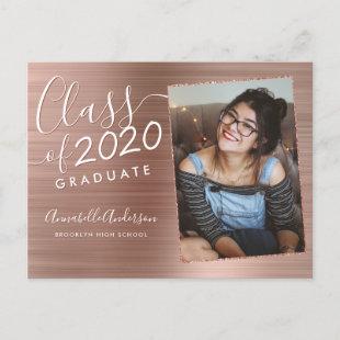 Graduate Rose Gold Brushed Metal Photo Graduation Announcement Postcard