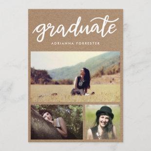 Graduate Script | Rustic Kraft Paper Three Photos Invitation