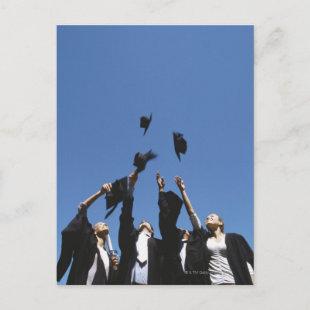 Graduate students throwing mortar boards, announcement postcard