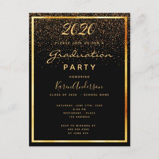 Graduation 2020 party black glam gold invitation postcard