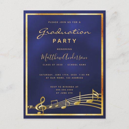 Graduation 2020 party blue music gold invitation postcard