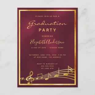 Graduation 2020 party burgundy music invitation postcard