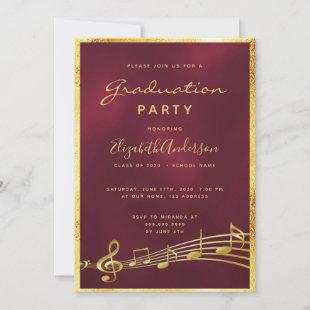 Graduation 2020 party glam burgundy music gold invitation