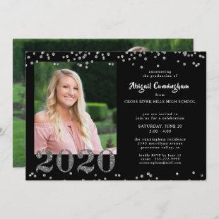 Graduation 2020 Silver Glitter Confetti Black Invitation