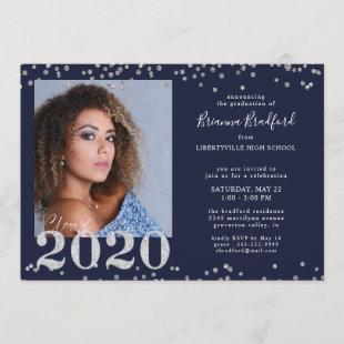 Graduation 2020 Silver Glitter Confetti Navy Blue Invitation