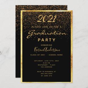 Graduation 2021 party glam black confetti gold invitation