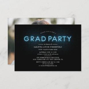 Graduation 2022 Blue Neon Photo Grad Party Invitation