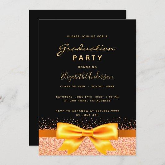 Graduation 2022 party black gold bow girl invitation
