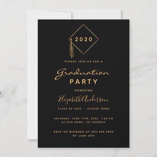Graduation 2022 party black gold cap invitation