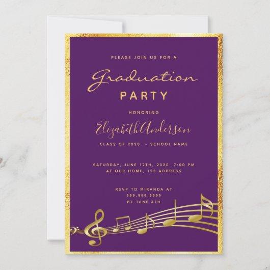 Graduation 2022 party purple gold music girl invitation