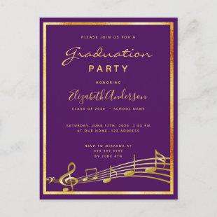 Graduation 2022 party purple music gold invitation postcard