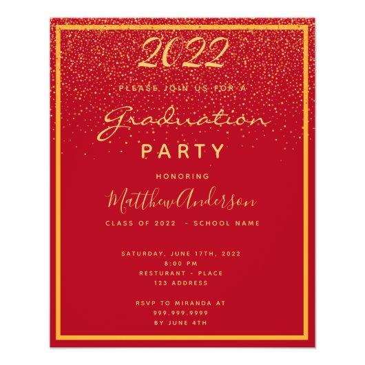 Graduation 2022 party red gold budget invitation flyer
