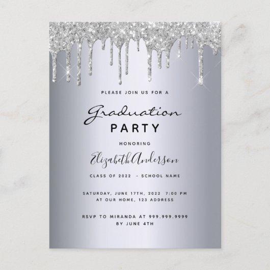 Graduation 2022 party silver glitter invitation postcard