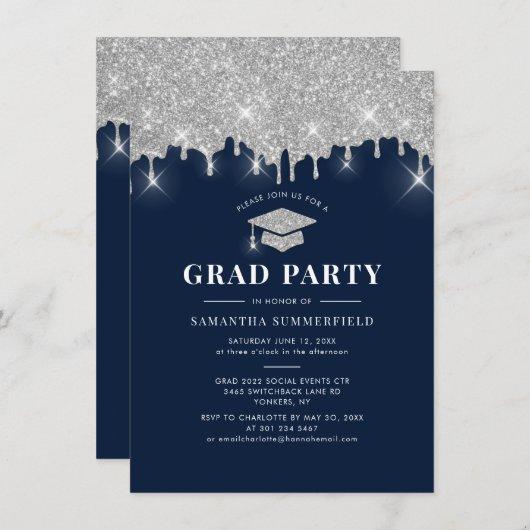Graduation 2023 Glitter Drip Grad Navy Blue Party Invitation