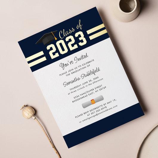 Graduation 2023 Navy Blue College Grad Party Gold Foil Invitation