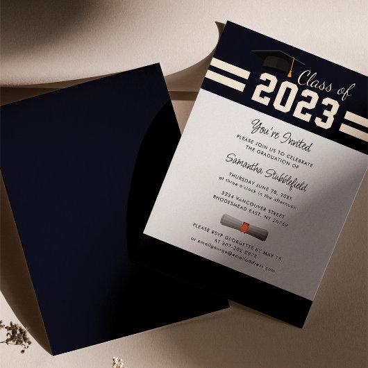 Graduation 2023 Navy Blue Grad Party Rose Gold Foil Invitation