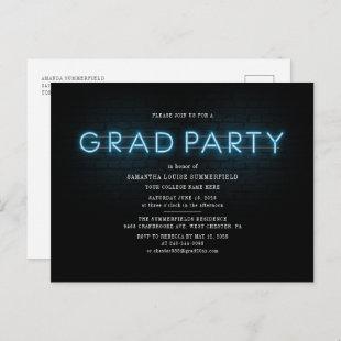 Graduation 2024 Blue Neon Grad Party Invitation Postcard