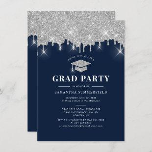 Graduation 2024 Glitter Grad Navy Blue Party Invitation
