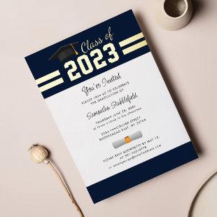 Graduation 2024 Navy Blue College Grad Party Gold Foil Invitation