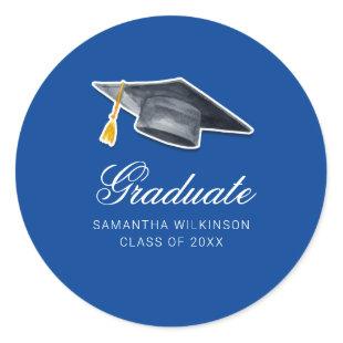 Graduation 2024 Tassel Calligraphy Blue Classic Round Sticker