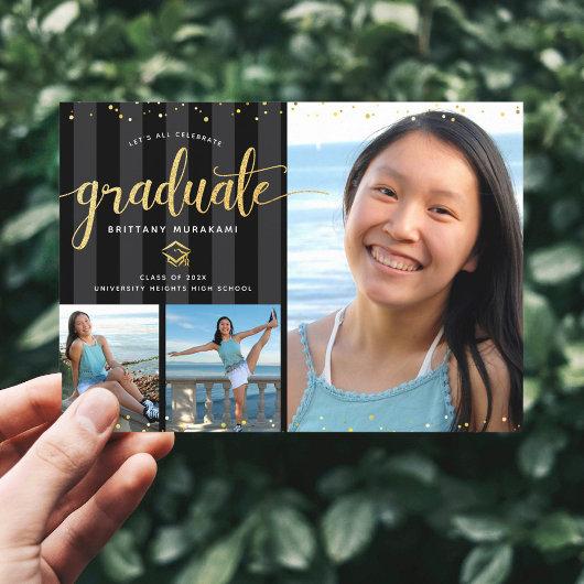 Graduation 3 photo collage black gold glitter chic invitation