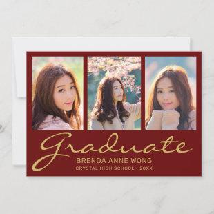 Graduation 3 Photo Collage Gold Script Maroon 2023 Announcement