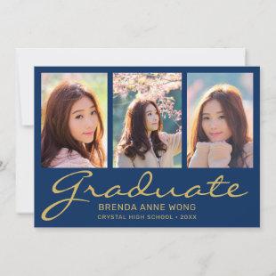 Graduation 3 Photo Collage Gold Script Royal Blue Announcement
