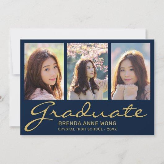 Graduation 3 Photo Collage Modern Gold Script Blue Announcement