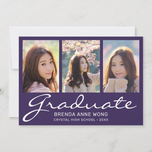 Graduation 3 Photo Collage White Script Purple Announcement