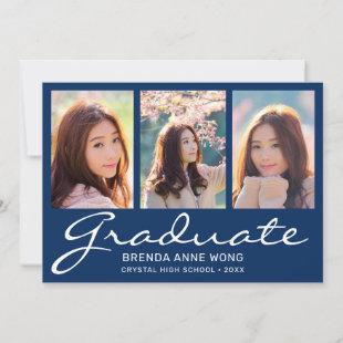 Graduation 3 Photo Collage White Script Royal Blue Announcement