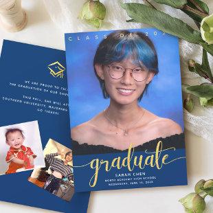 Graduation 3 photo navy modern gold glitter script announcement