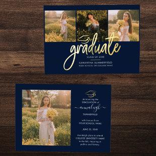 Graduation 4 Photo Collage Script Navy Gold Foil Invitation