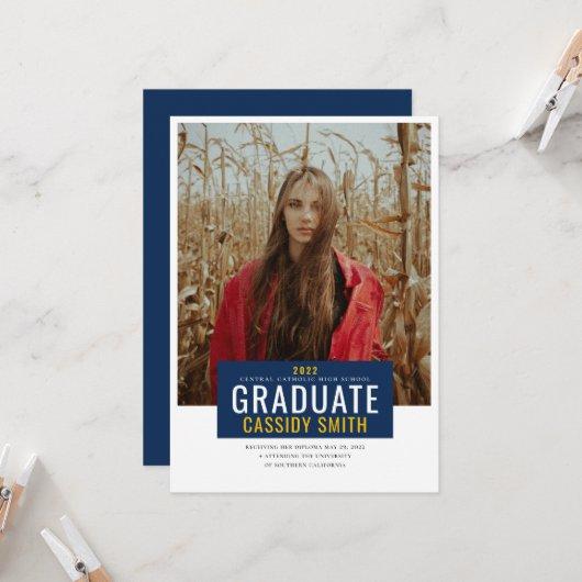 Graduation Announcement, Navy Blue and Gold Invitation