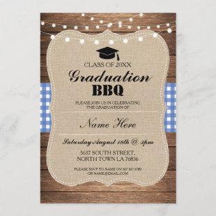 Graduation BBQ Invitation Blue Rustic Wood