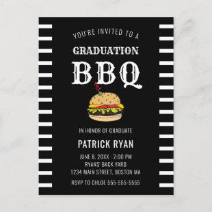 Graduation BBQ Party Black White Stripe Invitation Postcard