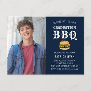 Graduation BBQ Party Blue White Stripe Invitation  Postcard
