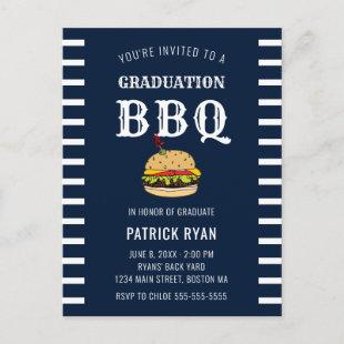 Graduation BBQ Party Blue White Stripe Invitation Postcard
