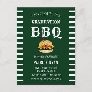 Graduation BBQ Party Green White Stripe Invitation Postcard