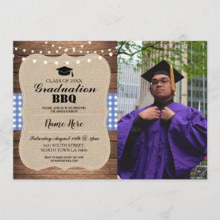 Graduation BBQ Photo Burlap Blue Rustic Wood Invitation