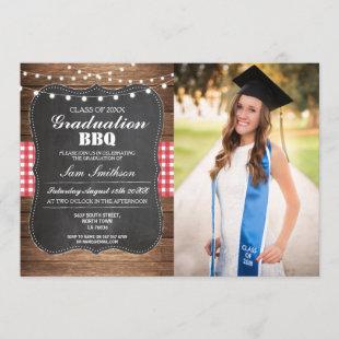 Graduation BBQ Rustic Chalk Wood Lights Photo Invitation
