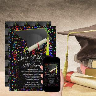 Graduation Black Cap Diploma Confetti Black Party Invitation