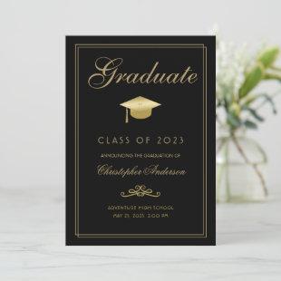 Graduation Black Gold Formal Script Grad Cap Announcement