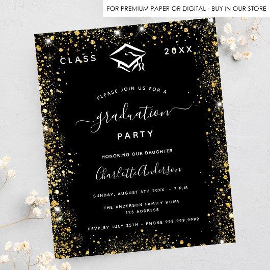 Graduation black gold glitter budget invitation flyer