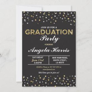 Graduation Black & Gold Invite Stars Confetti