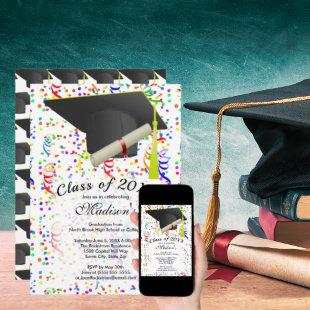 Graduation Black Grad Cap Diploma Confetti Party Invitation