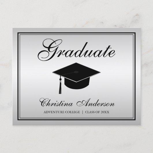Graduation Black Grad Cap & Script on Silver Party Invitation Postcard
