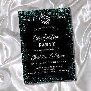 Graduation black green teal glitter luxury invitation